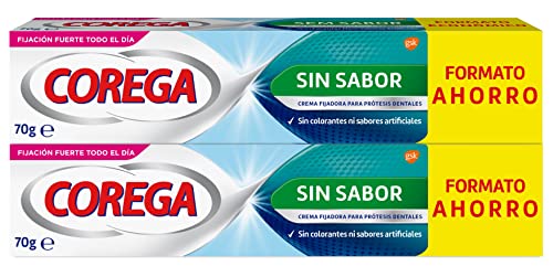 Corega, Crema Fijadora para Prótesis Dentales, Fijación Fuerte, sin Colorantes Añadidos, Sin Sabor, Pack de 2 x 70 g