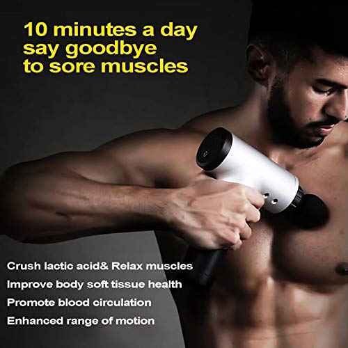 Coriver Pistola de masaje de 10 cabezales de repuesto, tejido profundo, 30 velocidades, masajeador muscular de mano ultra silencioso con indicador LED, pantalla táctil para aliviar la tensión muscular
