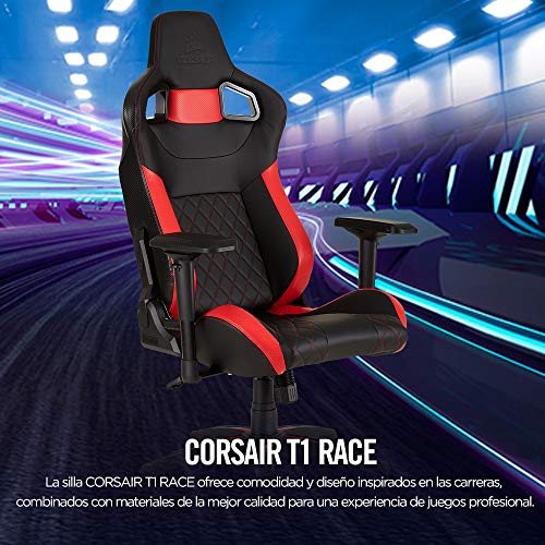 Corsair T1 Race - Silla de Polipiel Videojuegos (Fácil de Ensamblar, Giratoria Ergonómica, Altura Ajustable y Reposabrazos 4D, Asiento Ancho y Cómodo con Reclinador Alto) Rojo