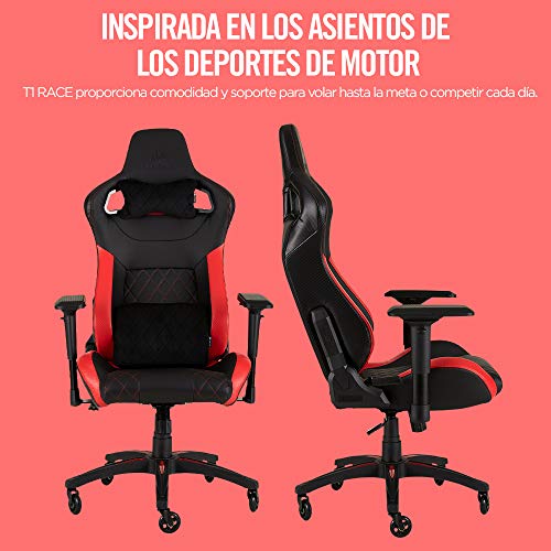 Corsair T1 Race - Silla de Polipiel Videojuegos (Fácil de Ensamblar, Giratoria Ergonómica, Altura Ajustable y Reposabrazos 4D, Asiento Ancho y Cómodo con Reclinador Alto) Rojo