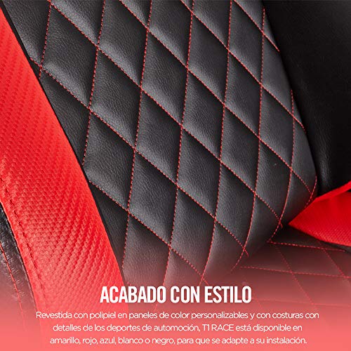 Corsair T1 Race - Silla de Polipiel Videojuegos (Fácil de Ensamblar, Giratoria Ergonómica, Altura Ajustable y Reposabrazos 4D, Asiento Ancho y Cómodo con Reclinador Alto) Rojo