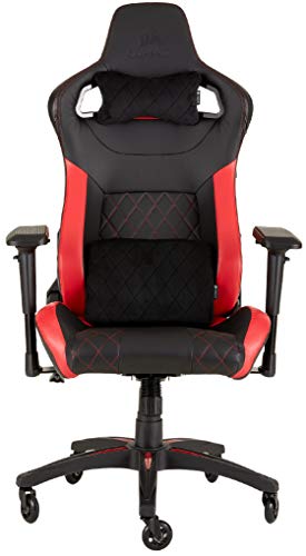 Corsair T1 Race - Silla de Polipiel Videojuegos (Fácil de Ensamblar, Giratoria Ergonómica, Altura Ajustable y Reposabrazos 4D, Asiento Ancho y Cómodo con Reclinador Alto) Rojo
