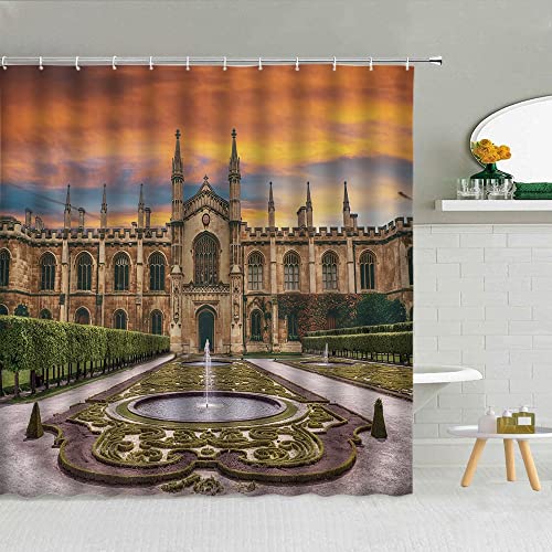 Cortina de Ducha de Paisaje arquitectónico de la Ciudad Mundial, Cortina Impermeable de baño con Paisaje de jardín de la Universidad de Cambridge S.8 90x180cm