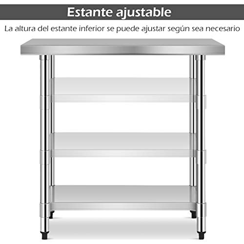 COSTWAY Mesa de Trabajo Acero Inoxidable Cocina 92x61x90 Centímetros Mesa con Estante para Preparación de Alimentos