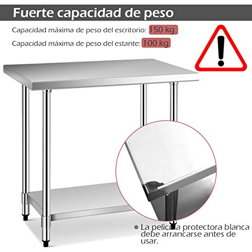 COSTWAY Mesa de Trabajo Acero Inoxidable Cocina 92x61x90 Centímetros Mesa con Estante para Preparación de Alimentos