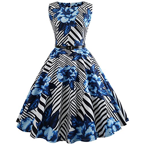 COZOCO Vestido Retro a Rayas Retro de los Años 50 Cinturón Retro Retro de Audrey Vestido de Fiesta de Cóctel de los Años 50(Azul，S