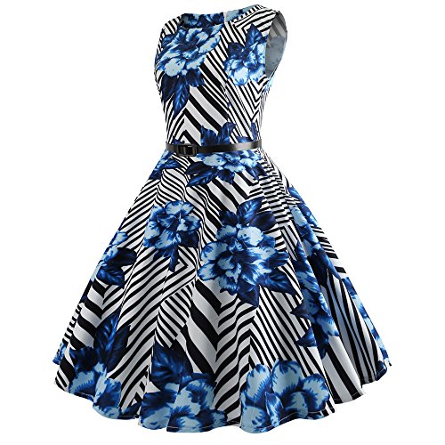 COZOCO Vestido Retro a Rayas Retro de los Años 50 Cinturón Retro Retro de Audrey Vestido de Fiesta de Cóctel de los Años 50(Azul，S