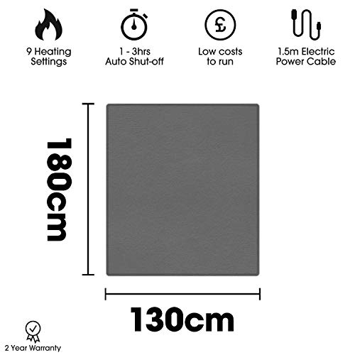 Cozytek Manta eléctrica de forro polar, 180 x 130 cm, color gris oscuro, con temporizador automático de 3 horas, 9 niveles de temperatura, lavable, protección contra sobrecalentamiento