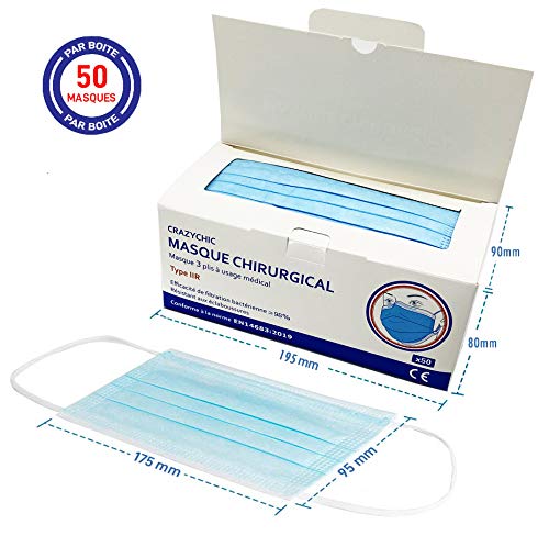CRAZYCHIC - Mascarilla Quirurgica Homologada Certificación CE EN14683 Tipo IIR - Mascarilla Higienica Desechable Máscara 3 Capas Protectora Boca Nariz - Entrega Rápida - Paquete de 50 piezas