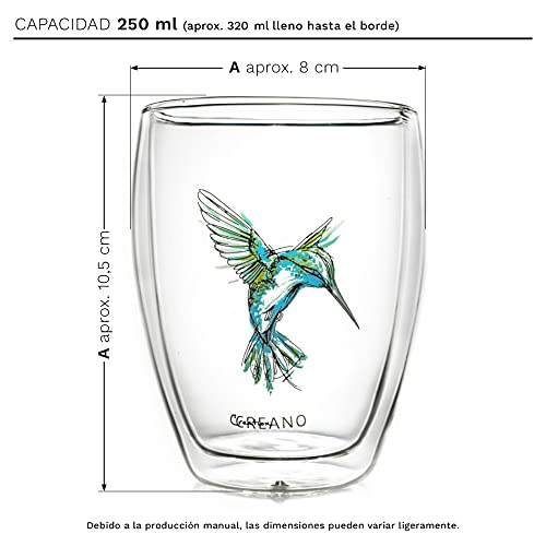 Creano Conjunto de 6 Vasos Térmico "Hummi" con Impresión de Pajaro Colibrì, Vaso de Té de doble Pared, Latte Macchiato, Taza Térmica Kolibri | 250ml en Caja de Regalo Exclusiva