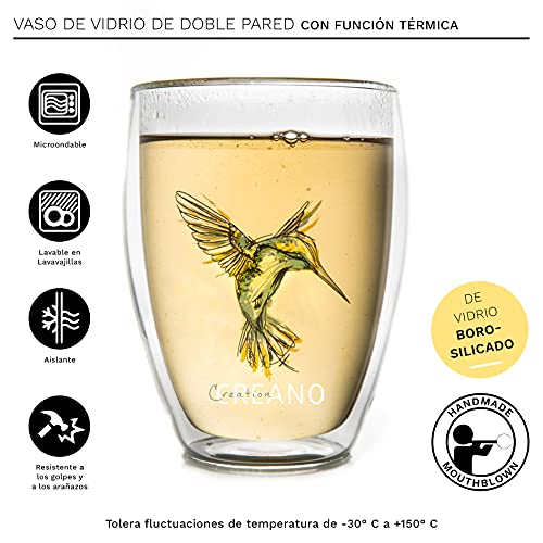 Creano Conjunto de 6 Vasos Térmico "Hummi" con Impresión de Pajaro Colibrì, Vaso de Té de doble Pared, Latte Macchiato, Taza Térmica Kolibri | 250ml en Caja de Regalo Exclusiva