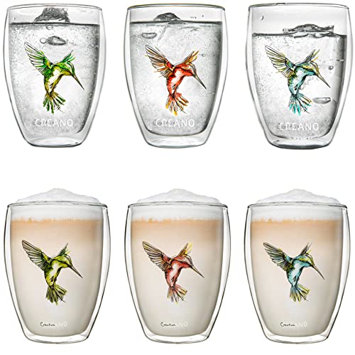 Creano Conjunto de 6 Vasos Térmico "Hummi" con Impresión de Pajaro Colibrì, Vaso de Té de doble Pared, Latte Macchiato, Taza Térmica Kolibri | 250ml en Caja de Regalo Exclusiva