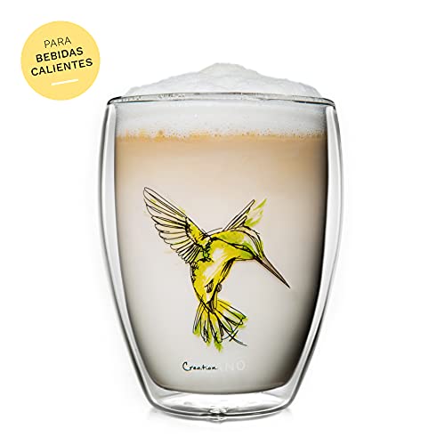 Creano Conjunto de 6 Vasos Térmico "Hummi" con Impresión de Pajaro Colibrì, Vaso de Té de doble Pared, Latte Macchiato, Taza Térmica Kolibri | 250ml en Caja de Regalo Exclusiva