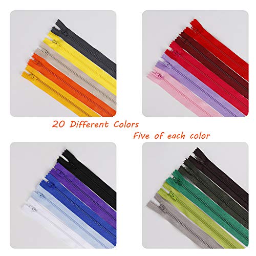 Cremalleras de Colores de Costura, Multicolor Nailon Cremalleras, 30cm/ 100 Piezas Bobina para Sastre Bricolaje Coser Ropa y Manualidades Artes (20 Colores)