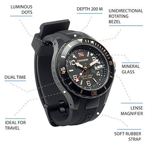 Cressi Traveller Dual Time Reloj Submarino, Unisex Adulto, Negro/Plateado, Talla Única