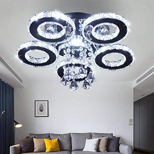 Cristal LED Techo Longitud empotrada 5 Anillos Acero Inoxidable Colgante Lámpara Araña Chimenea Moderna Sala de estar Comedor (Cool white)