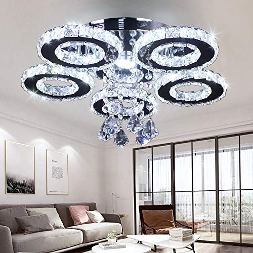 Cristal LED Techo Longitud empotrada 5 Anillos Acero Inoxidable Colgante Lámpara Araña Chimenea Moderna Sala de estar Comedor (Cool white)