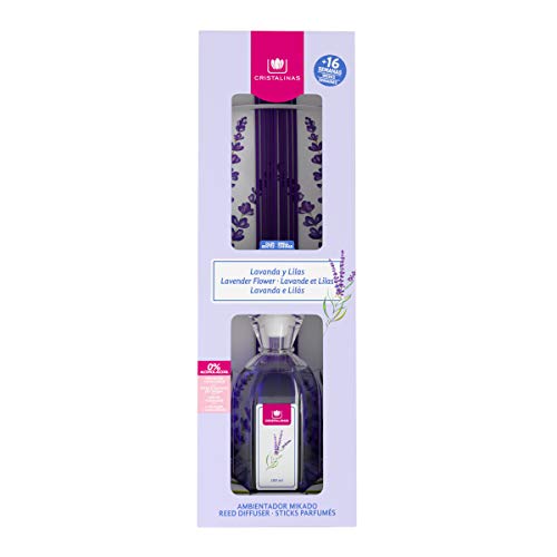 CRISTALINAS. Ambientador Mikado Clásico. Difusor con Varillas de ratán. Formula sin Alcohol. Máxima duración, más de 16 semanas. 180ml de Capacidad. Aroma Lavanda y Lilas. (180ml)