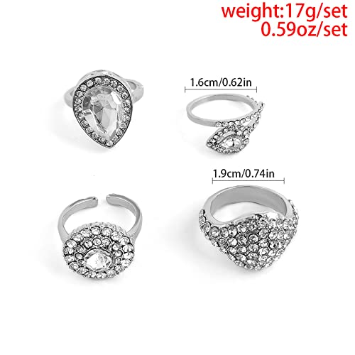CRYPIN Anillo Femenino de 4 Piezas, Anillo de Junta, Temperamento, luz, Lujo, Gota de Agua, Anillo de Piedras Preciosas, Conjunto de Viento frío con Incrustaciones de Anillo de Diamantes para Mujer