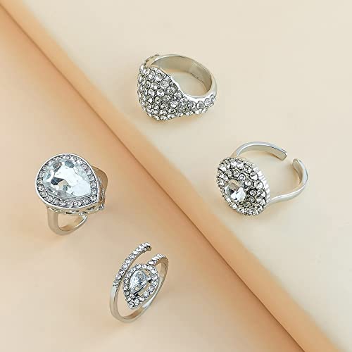 CRYPIN Anillo Femenino de 4 Piezas, Anillo de Junta, Temperamento, luz, Lujo, Gota de Agua, Anillo de Piedras Preciosas, Conjunto de Viento frío con Incrustaciones de Anillo de Diamantes para Mujer