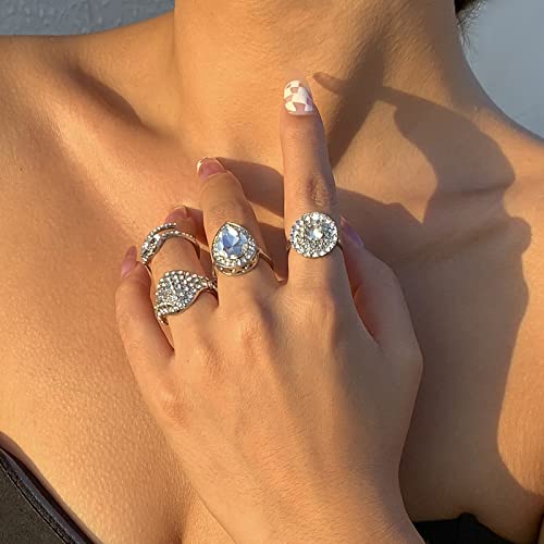CRYPIN Anillo Femenino de 4 Piezas, Anillo de Junta, Temperamento, luz, Lujo, Gota de Agua, Anillo de Piedras Preciosas, Conjunto de Viento frío con Incrustaciones de Anillo de Diamantes para Mujer