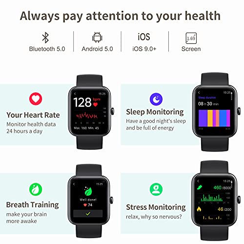 CUBOT Smartwatch, 1.7” pantalla táctil, Fitness Tracker con Alexa, oxímetro de pulso(SpO2), monitor de frecuencia cardíaca y de sueño, reloj inteligente deportivo Impermeable 5ATM con podómetro, negro