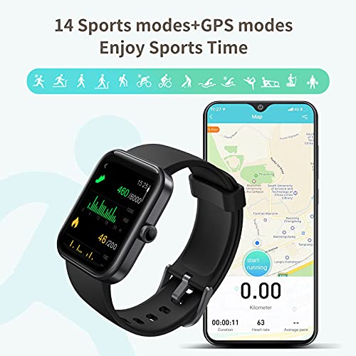 CUBOT Smartwatch, 1.7” pantalla táctil, Fitness Tracker con Alexa, oxímetro de pulso(SpO2), monitor de frecuencia cardíaca y de sueño, reloj inteligente deportivo Impermeable 5ATM con podómetro, negro