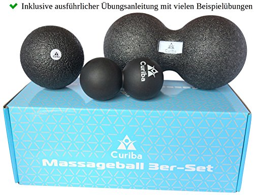 Curiba Set Bola Masaje 3-en-1 Fascia Ball - Pelota Singla Y Doble Grande Y Pequeña Masajeadora Ejercicios Músculos Espaldas Hombros Brazos Pies - 100% Reciclable No Tóxico Guía Gratuita Incluida
