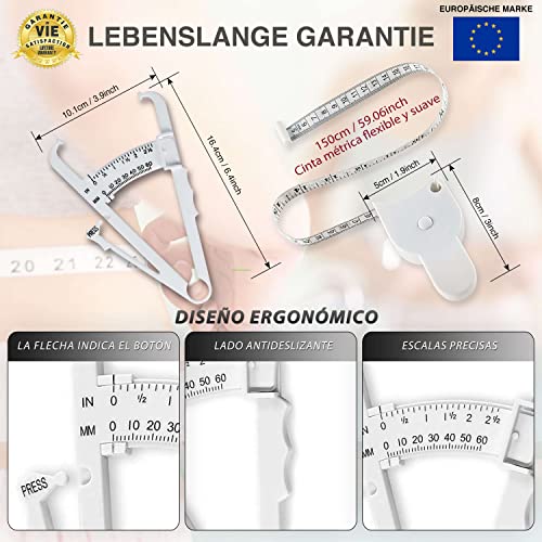 CZ Store Kit Medidor de Grasa Corporal -✮GARANTÍA DE por Vida✮- Lectura de Precisión - Pinza de Pliegues con Manual Uso, Tabla Interpretación, Guía Ejercicios, Cinta Métrica - Medición del Peso