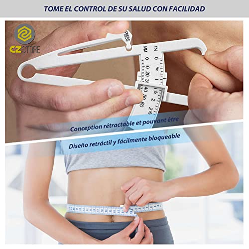 CZ Store Kit Medidor de Grasa Corporal -✮GARANTÍA DE por Vida✮- Lectura de Precisión - Pinza de Pliegues con Manual Uso, Tabla Interpretación, Guía Ejercicios, Cinta Métrica - Medición del Peso