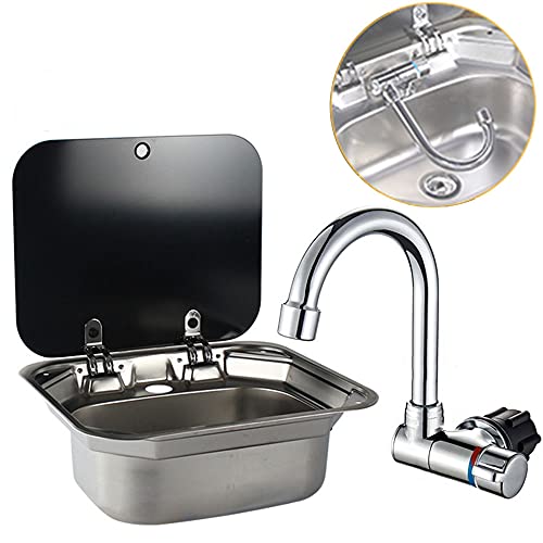DALUOBO Fregadero de lavabo rectangular con tapa para lavamanos de acero inoxidable, apto para RV, caravana,cocina, fregadero de acero inoxidable, 41,9 x 36,3 x 16 cm (con grifo U)