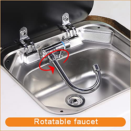 DALUOBO Fregadero de lavabo rectangular con tapa para lavamanos de acero inoxidable, apto para RV, caravana,cocina, fregadero de acero inoxidable, 41,9 x 36,3 x 16 cm (con grifo U)