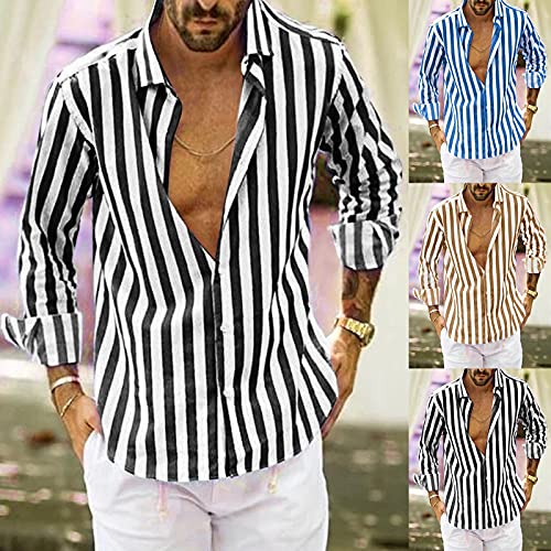 Dasongff Camiseta para hombre, de verano, informal, con botones, para otoño e invierno, de manga larga, corte regular, ajustada, informal, ligera, a rayas, camisetas de playa, camisa hawaiana