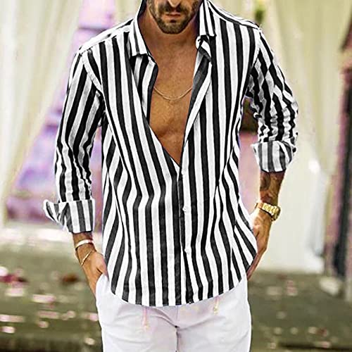 Dasongff Camiseta para hombre, de verano, informal, con botones, para otoño e invierno, de manga larga, corte regular, ajustada, informal, ligera, a rayas, camisetas de playa, camisa hawaiana