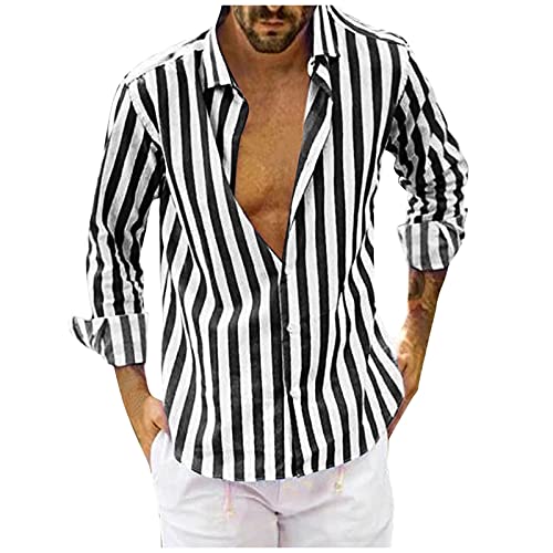 Dasongff Camiseta para hombre, de verano, informal, con botones, para otoño e invierno, de manga larga, corte regular, ajustada, informal, ligera, a rayas, camisetas de playa, camisa hawaiana