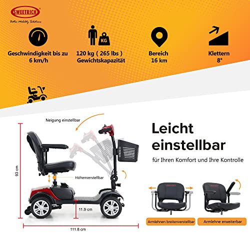 DDCHH Plegable Scooter Electrico Adulto, 4 Ruedas Scooter EléCtrico Personas con Movilidad ​Reducida, Carga 120Kg (Incluida Batería), Motor De 250W,Resistencia 16Km,Red