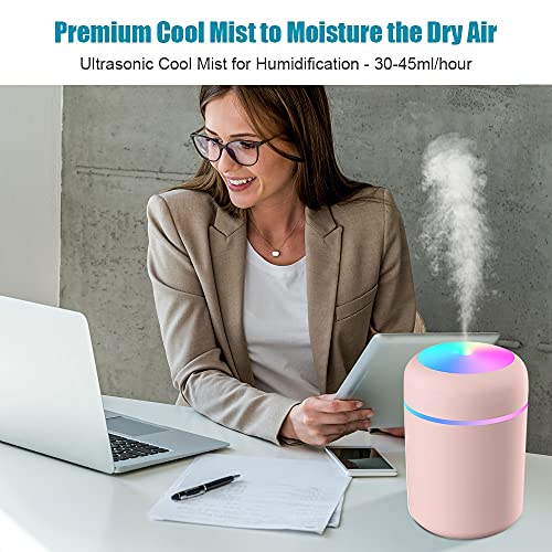 DERSHARA Humidificador Mini - Unidad de humidificación de Primera Calidad con Tanque de Agua de 300ml, Funcionamiento ultrasónico silencioso, Apagado automático y función de luz Nocturna (Rosado)