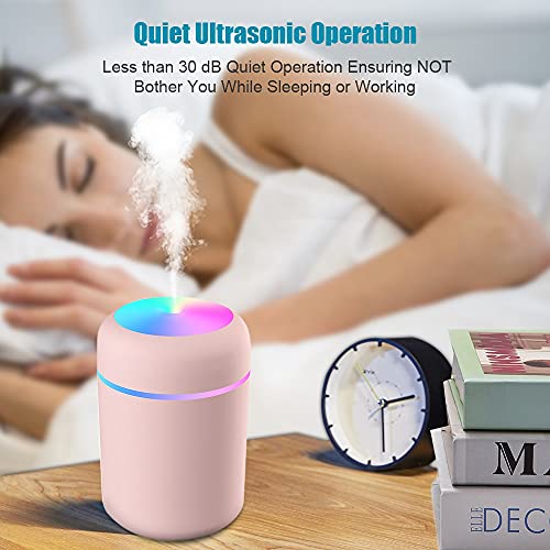 DERSHARA Humidificador Mini - Unidad de humidificación de Primera Calidad con Tanque de Agua de 300ml, Funcionamiento ultrasónico silencioso, Apagado automático y función de luz Nocturna (Rosado)