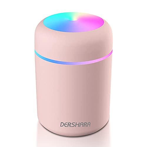 DERSHARA Humidificador Mini - Unidad de humidificación de Primera Calidad con Tanque de Agua de 300ml, Funcionamiento ultrasónico silencioso, Apagado automático y función de luz Nocturna (Rosado)