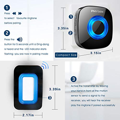Detector de Movimiento por Infrarrojos con Detector de Alarma, Sistema de Alarma inalámbrico PHYSEN para Seguridad en el hogar, Rango de 120-150 M a 4-5 Mx110 °, 1 Detector de Movimiento y 1 Receptor