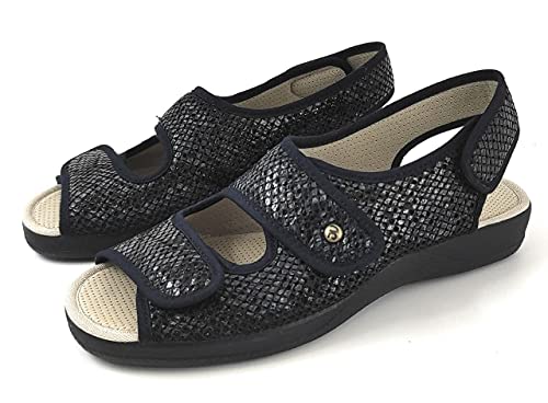 Devalverde - Zapatilla Mujer para Pies Delicados Estilo Sandalia - Anatomica Flexible y Ligera con Velcros - Primavera -Verano - Ancho Especial (Azul Serpiente, Numeric_39)