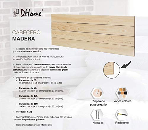 DHOME Cabecero de Madera Maciza de Pino para Pared Estilo Palet Cabezal Dormitorio Cama Palets Herrajes incluidos (110x37 Palet 4, Crudo)