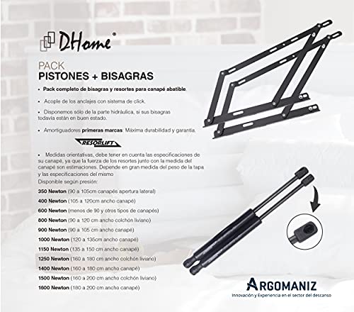 DHOME Pack 2 Sistema de elevacion hidráulicos + bisagras Profesionales Marca ARGOMANIZ máxima Calidad Click para canape abatible pistones Clic (1400N (160 a 180cm Ancho canapé))