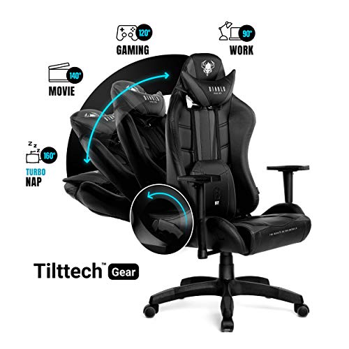 Diablo X-Ray Gaming Silla de Oficina Silla Gamer Apoyabrazos 4D Diseño Ergonomico HQ Cuero Sintético Perforación Función de Inclinación negro-gris King (XL)