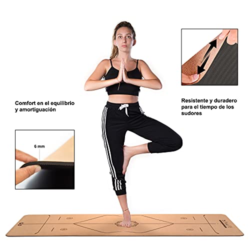 DIAMFY Esterilla Yoga Corcho, Mat Yoga Antideslizante Caucho ecologica,Esterilla Deporte con Bolsa de Transporte, Alfombra Pilates 183cm x 65cm x 6mm