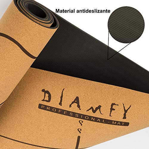 DIAMFY Esterilla Yoga Corcho, Mat Yoga Antideslizante Caucho ecologica,Esterilla Deporte con Bolsa de Transporte, Alfombra Pilates 183cm x 65cm x 6mm