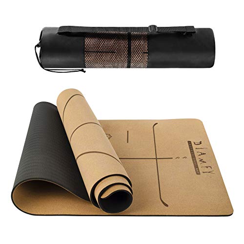 DIAMFY Esterilla Yoga Corcho, Mat Yoga Antideslizante Caucho ecologica,Esterilla Deporte con Bolsa de Transporte, Alfombra Pilates 183cm x 65cm x 6mm