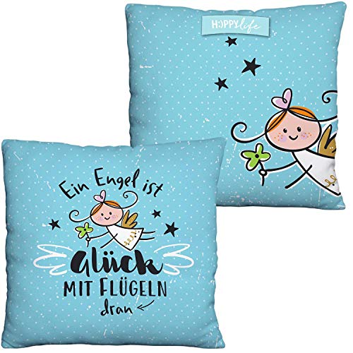 Die Geschenkewelt Happy Life 46148 Cojín de Peluche con diseño de ángel de la Guarda, cojín de poliéster, Azul, 25 x 25 cm