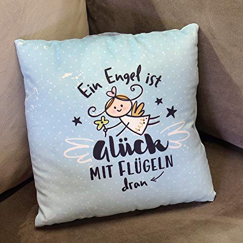 Die Geschenkewelt Happy Life 46148 Cojín de Peluche con diseño de ángel de la Guarda, cojín de poliéster, Azul, 25 x 25 cm