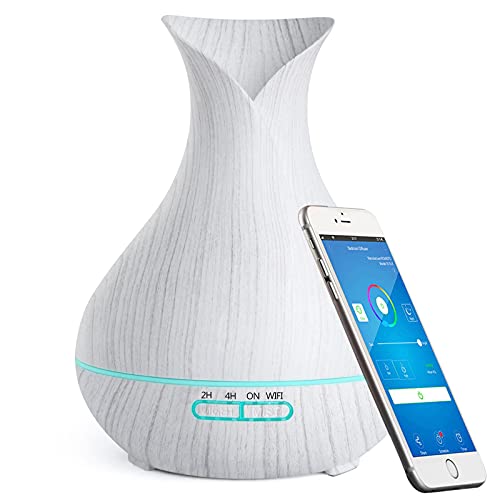 Difusor de Aceites Esenciales Alexa WiFi, Humidificador Aroma Inteligente de 400 ml, Admite APP y Control de Voz, Lámparas de Fragancia LED de 7 Colores, Crear Horarios, Temporizador, Sin BPA,Blanco